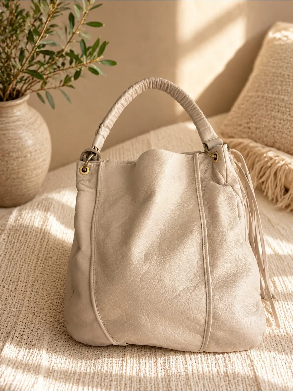 Soft Leather Hobo Bag in Light Taupe